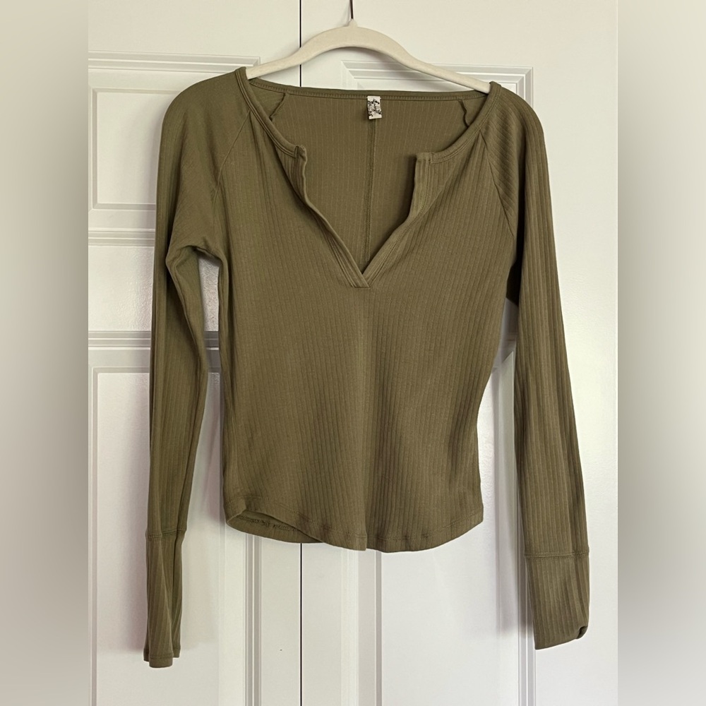 Free People Sage Green Ribbed Fitted Long Sleeve